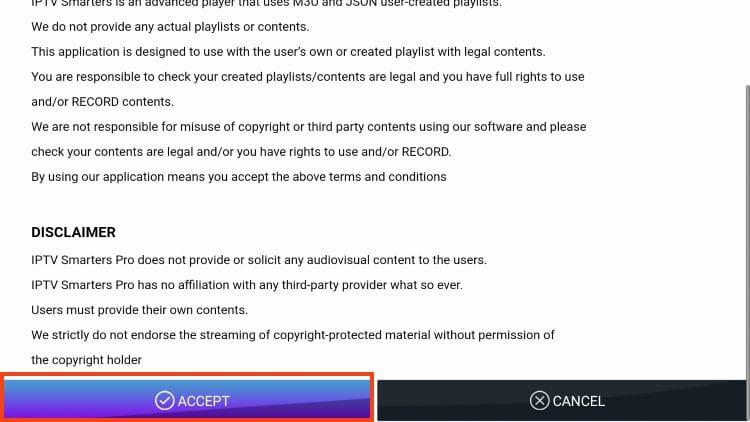 Disclaimer screen — click Accept