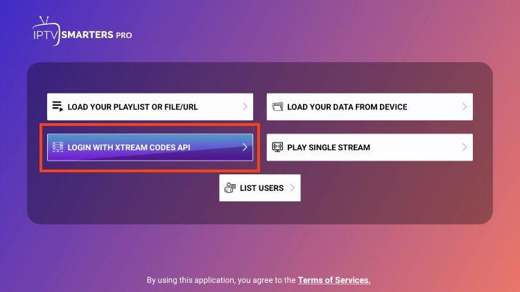Login menu — choose Login with Xtream Codes API